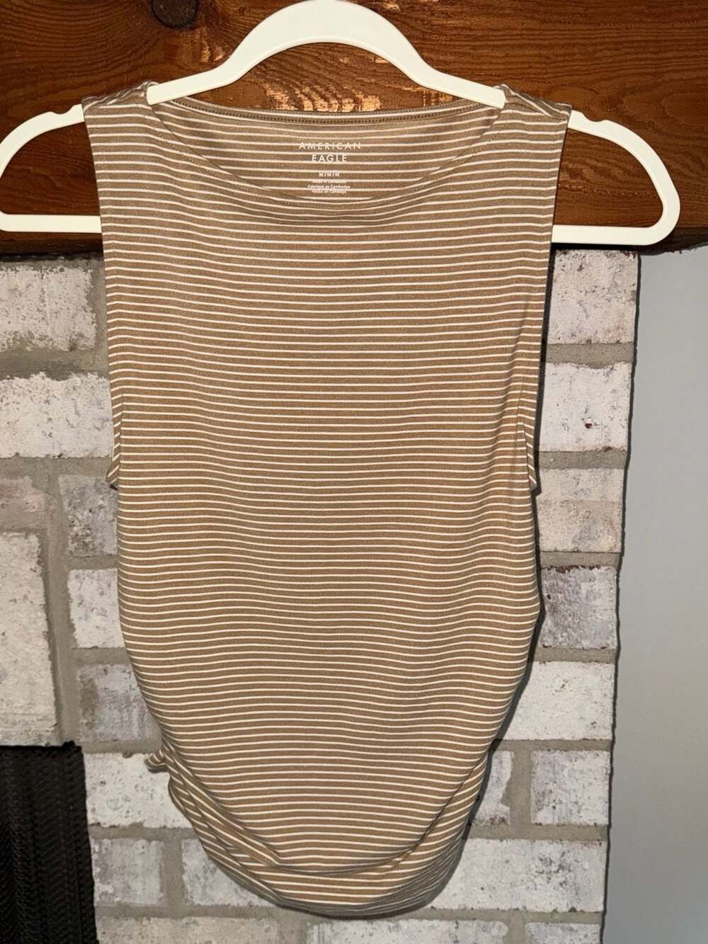 American Eagle Brown and White Striped Sleeveless Ruched Side Tank Top